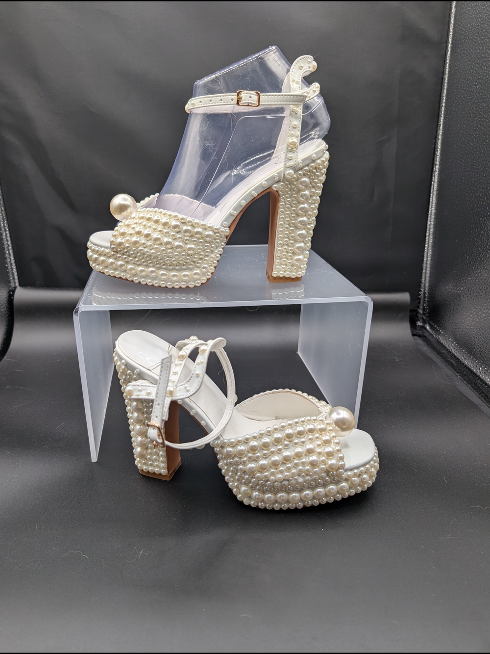 Ivory Pearl-Embellished Platform Heels with Ankle Strap - Picture 2 of 5